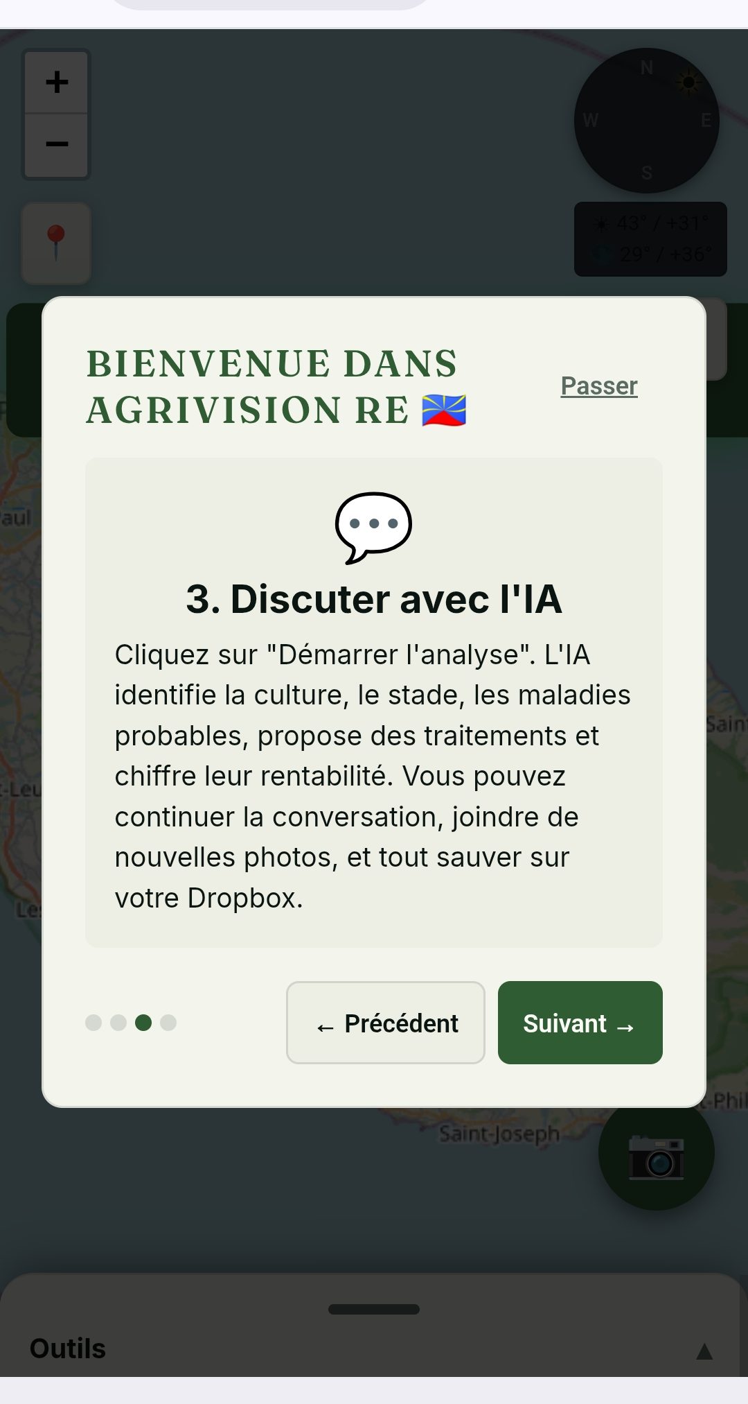 Discuter avec l'IA — identification de culture, stade, maladies, traitements et rentabilité chiffrée