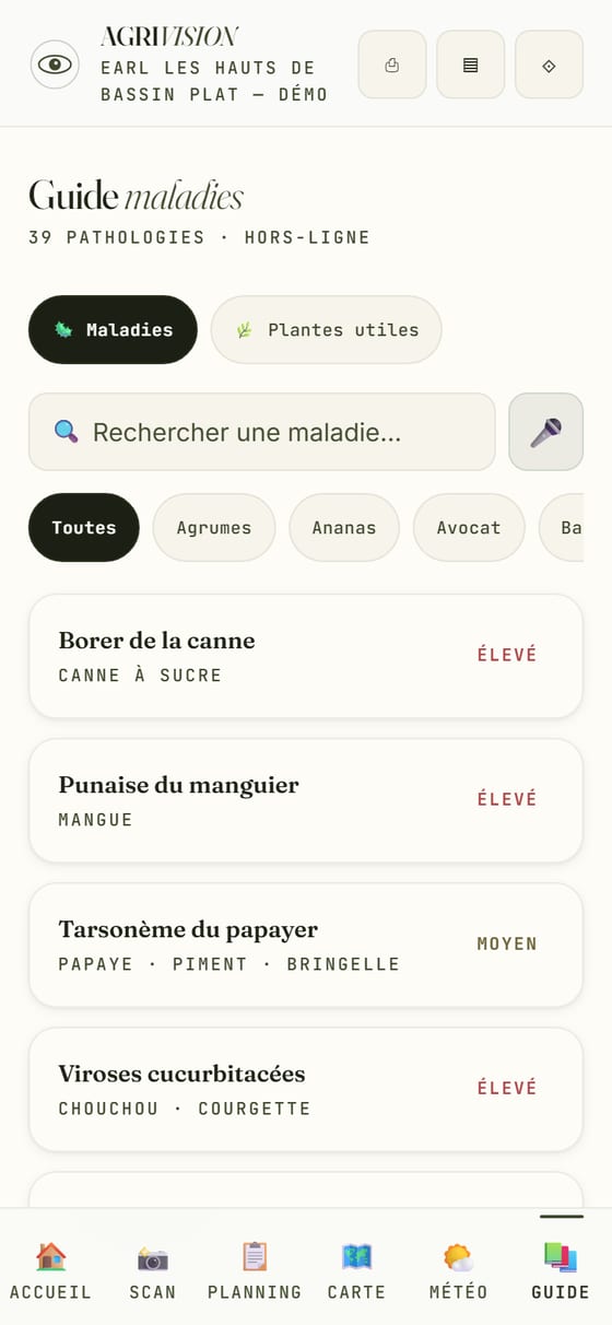 Guide des maladies de l'application : 39 fiches, recherche et filtres par culture